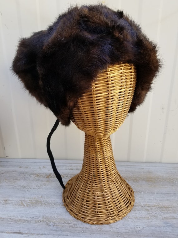 Mink Sable Fur Bandanna Style Cap Hat Brown Black Adjustable  display picture 2