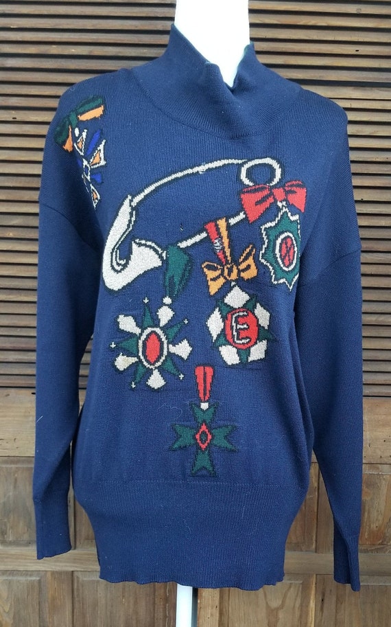 Escada, Vintage Escada Iconic 80s Safety Pin Sweater Virgin Wool Womens size 8