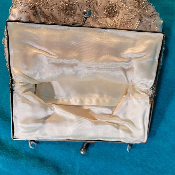 50s Ivory Satin Cocktail Evening Bag Silver Beade… - image 7