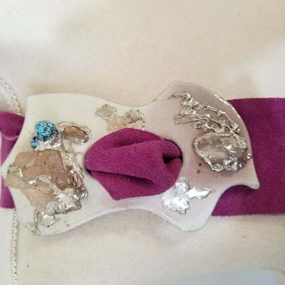 Vintage 80s Purple Suede Belt w/ Ceramic Jeweled … - image 5