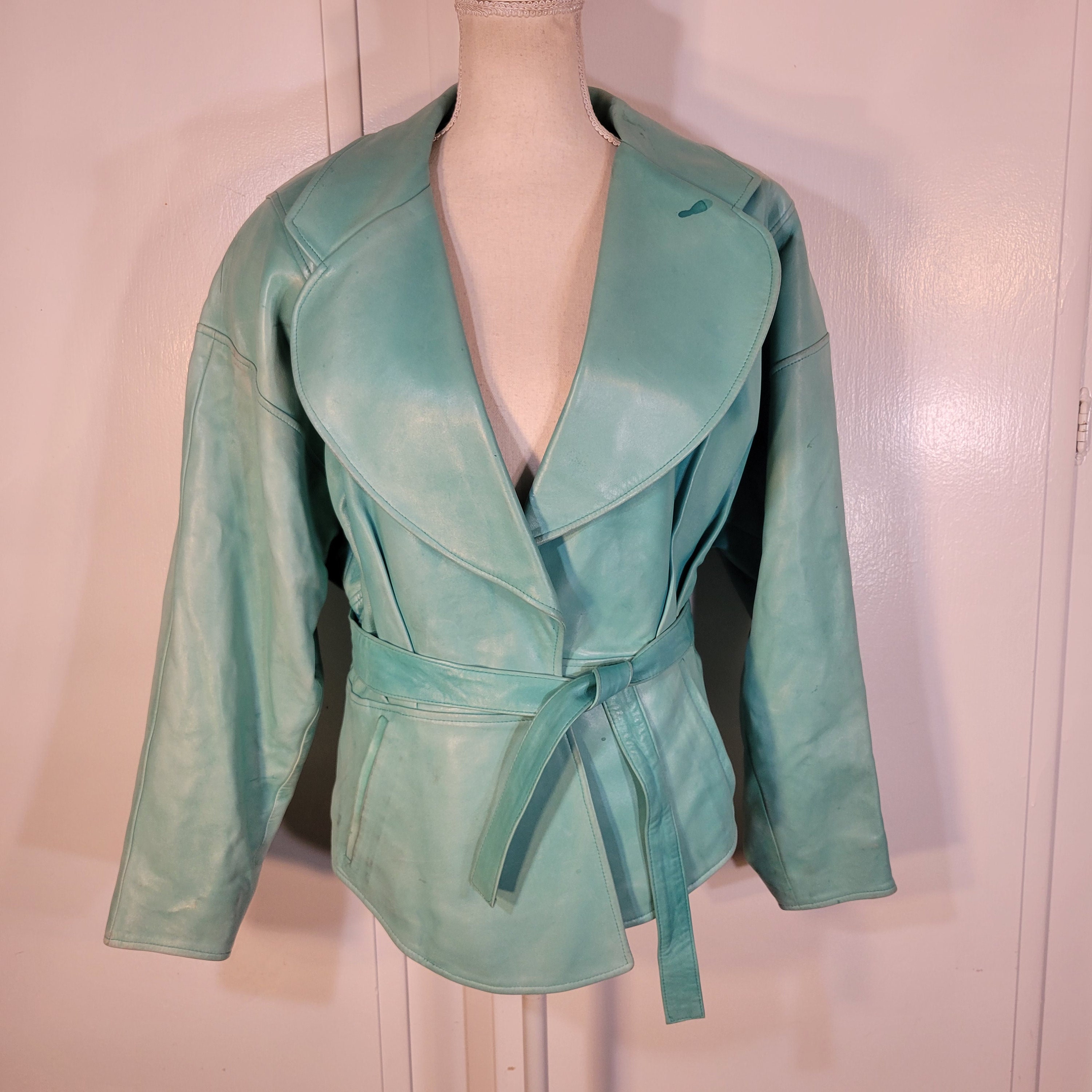 80s Vintage Leather Turquoise Jacket/m Pants/s and Belt Made in France