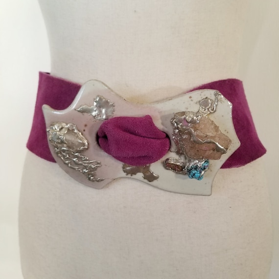 Vintage 80s Purple Suede Belt w/ Ceramic Jeweled … - image 1