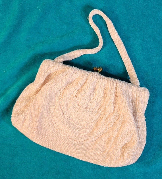 Vintage 50s Small Cocktail Bag White Seed Beaded … - image 9