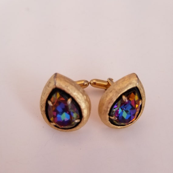 Swank Mens Cuff Links Vintage Iridescent Stone Go… - image 1