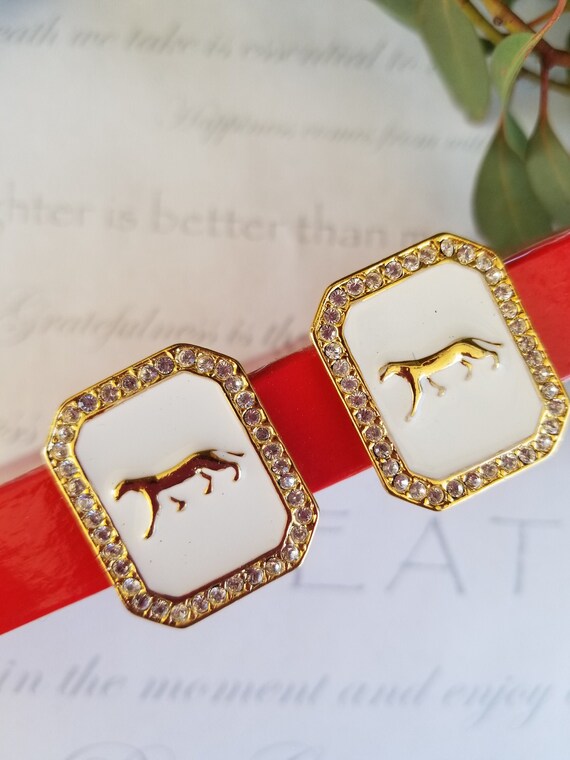 Jaguar Earrings White Enamel Gold Tone Jaguar Cou… - image 7