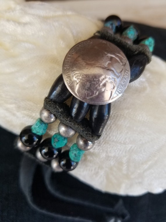 Leather Buffalo Nickle Beaded Bracelet Hand Made N