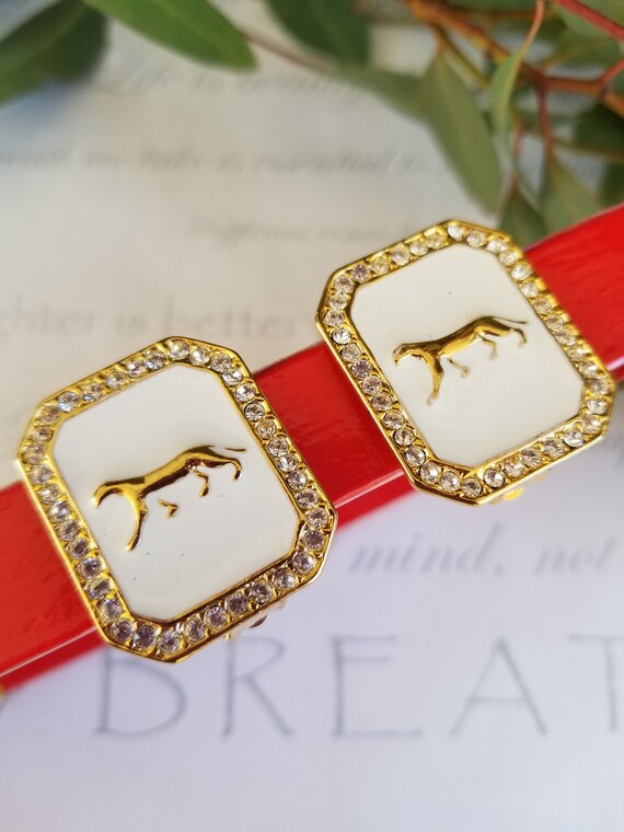 Jaguar Earrings White Enamel Gold Tone Jaguar Cou… - image 4