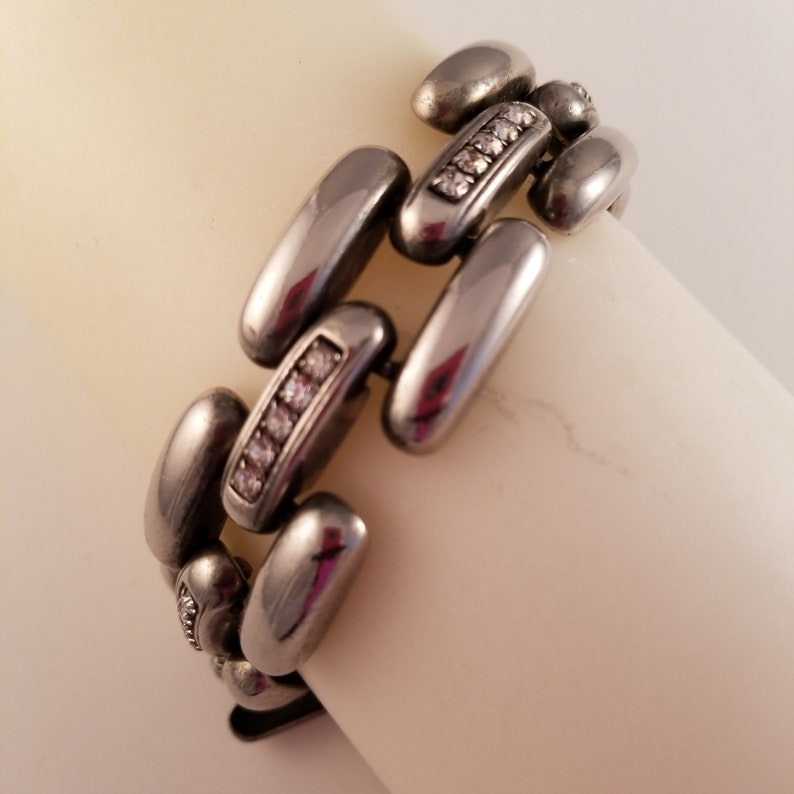 Vintage 60s Silver Tone Rhinestone Jewelry for Women Pewter Gun Metal Bracelet
