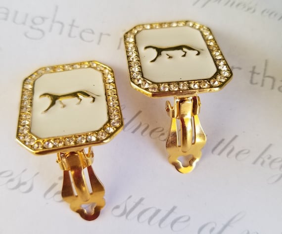 Jaguar Earrings White Enamel Gold Tone Jaguar Cou… - image 2