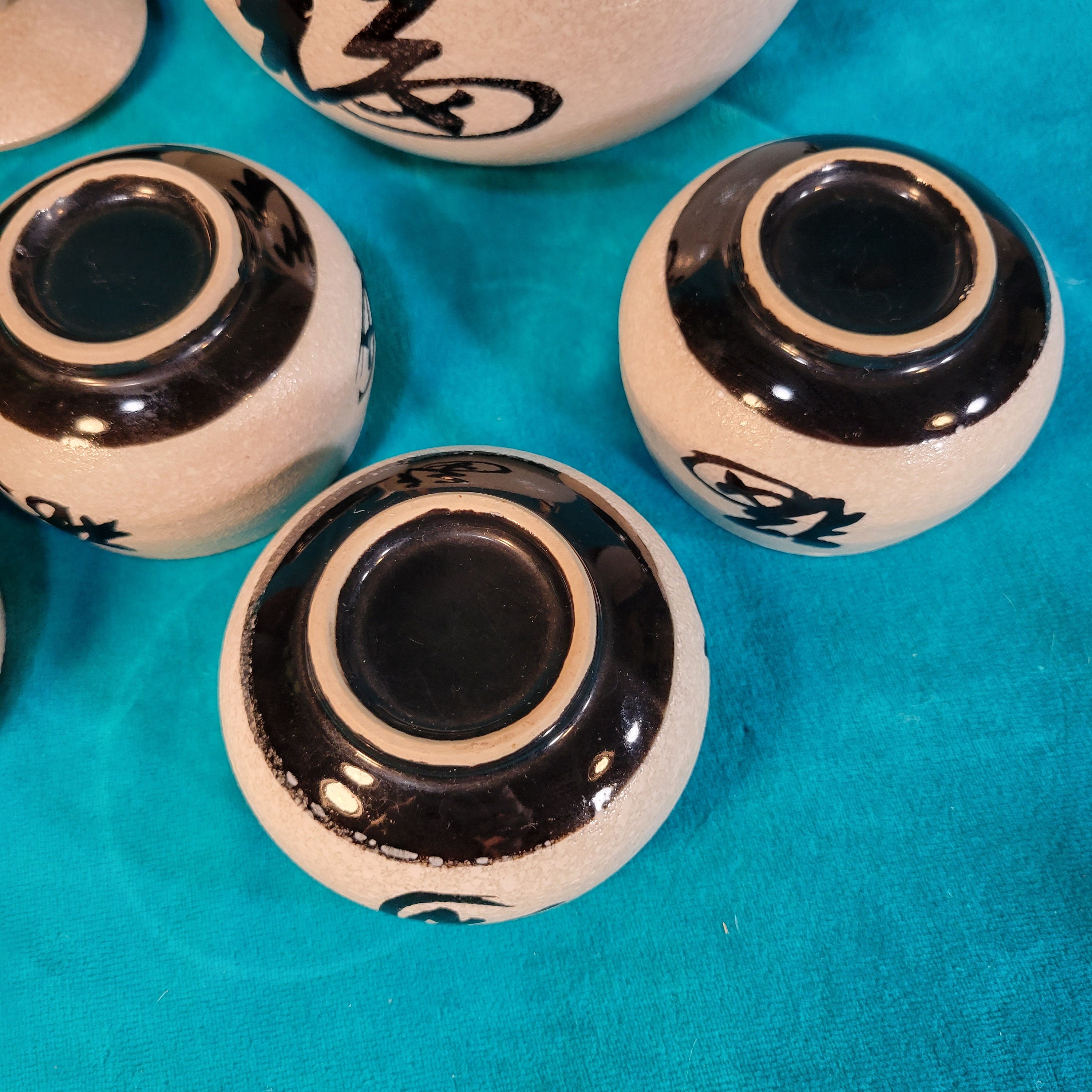 Vintage OMC Japan Sake Tea Set 6 Pcs. Japanese Characters Tea Pot