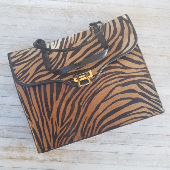 Vintage 50s Zebra Print Pony Hair Fur Black Leathe
