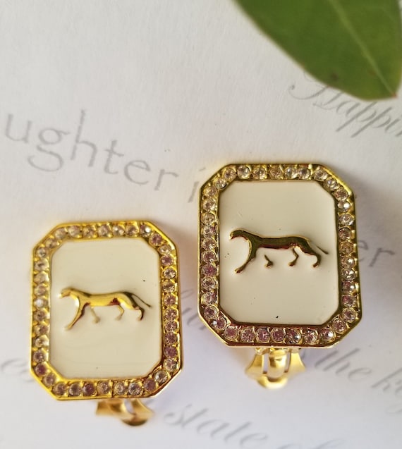 Jaguar Earrings White Enamel Gold Tone Jaguar Cou… - image 1