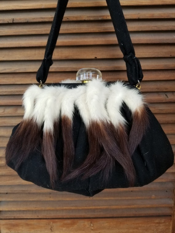 Vintage 40/50s Ermine Tail Fur Black Suede Purse Bag by 