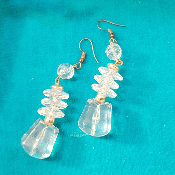 Vintage 80s Lucite Clear Drop Dangle Earrings  80s Pierced Beaded Earrings