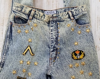 Vintage 80s Cavalier Acid Wash Jeans, Studded Nautical Patches