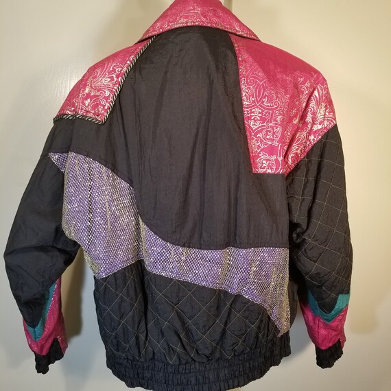 ジャケット・アウター vintag paint design short bomber jacket Vintage Jeweled Patchwork Bomber Jacket, 80s Metallic Style, Size