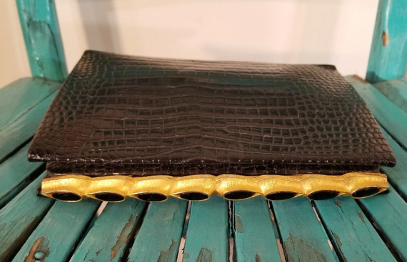 Vintage Black Embossed Alligator Leather Small Cl… - image 3