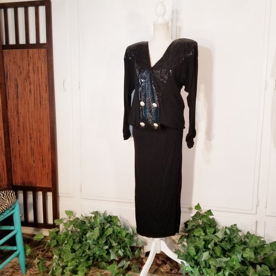 80's style formal dress Vintage 80s Criscione Black Wear Sequined Gown Double Breasted Full Length YGroup_emily-maxi-dress