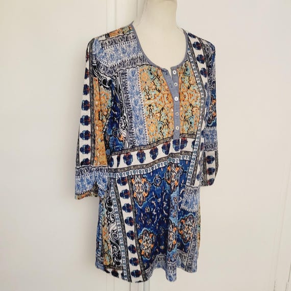 Y2K Patchwork Pattern Tunic Womens Size Large Str… - image 3