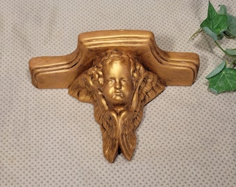 Vintage 80s Wall Shelf Gold Gilded Cherub Winged Angel Shelf 10" x 7" x 4" Boudoir