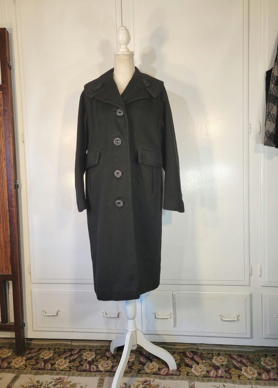 【vintage】 Oversizecoat Mod Vintage 80's Billi by Billycoat Wool Coat Black Faux Leather
