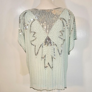 Vintage 70s Womens Glam SILK Sequined Bling Blouse Size Large Made in India by MEGERE