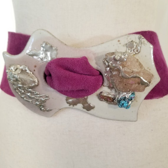 Vintage 80s Purple Suede Belt w/ Ceramic Jeweled … - image 9