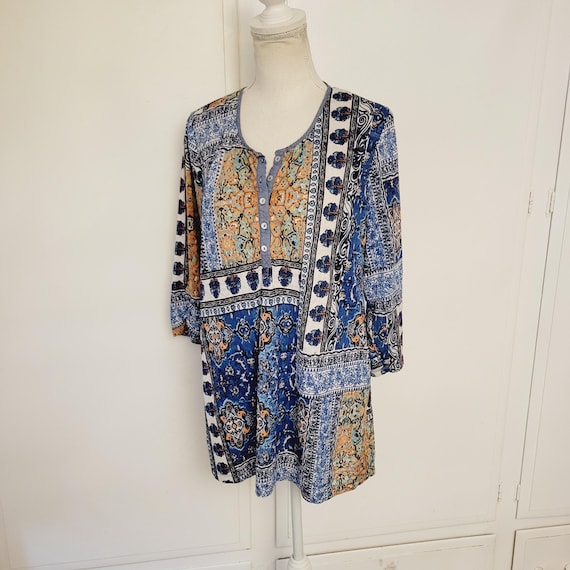 Y2K Patchwork Pattern Tunic Womens Size Large Str… - image 6