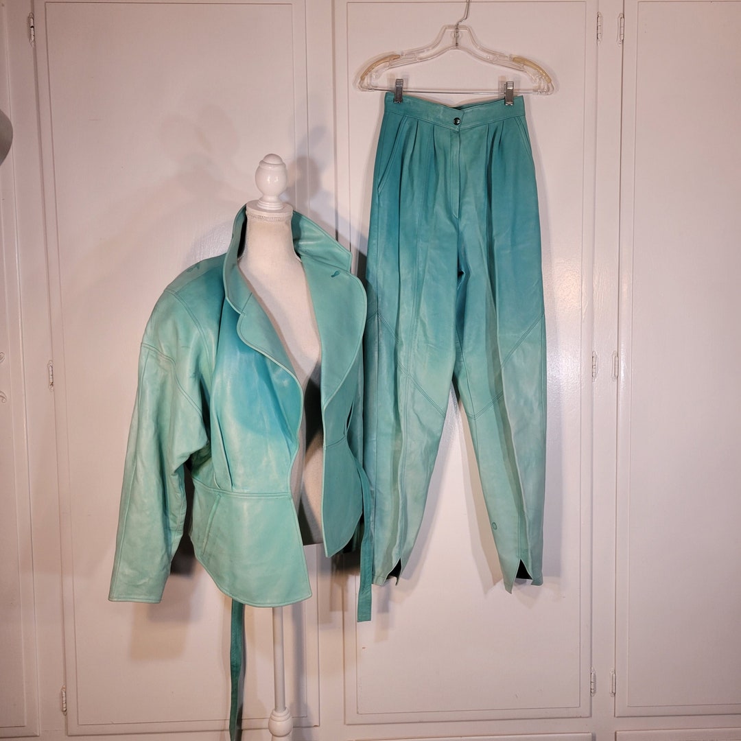 80s Vintage Leather Turquoise Jacket/m Pants/s and Belt Made in France