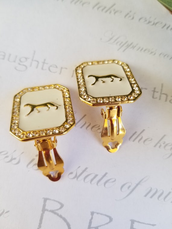 Jaguar Earrings White Enamel Gold Tone Jaguar Cou… - image 8