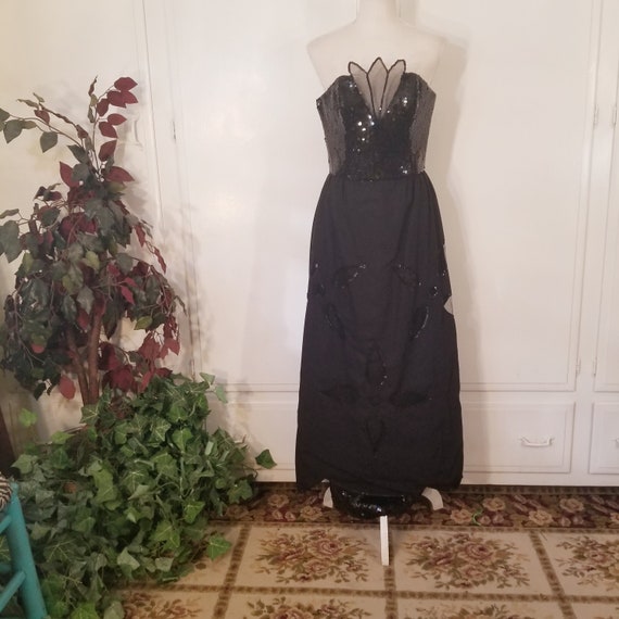 Vintage Hand made Maxi Glam Black Sequined Strapl… - image 2