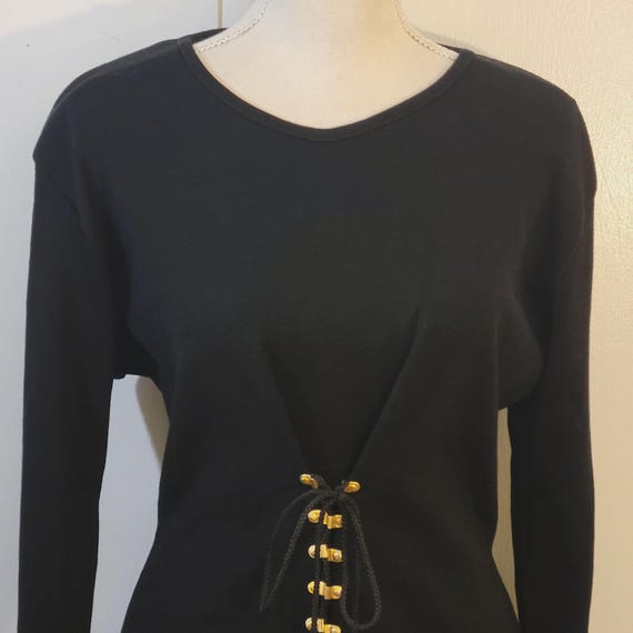 80s Vintage Dress Womens Size Large Black Wool Gold Accents
