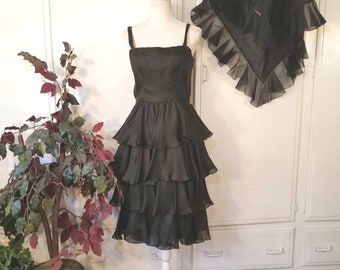 60s Oscar de la Renta Size 10 Cocktail Dress Black Chiffon Sheer Taffeta  with Shawl Vintage 60s ILGWU Exquisite