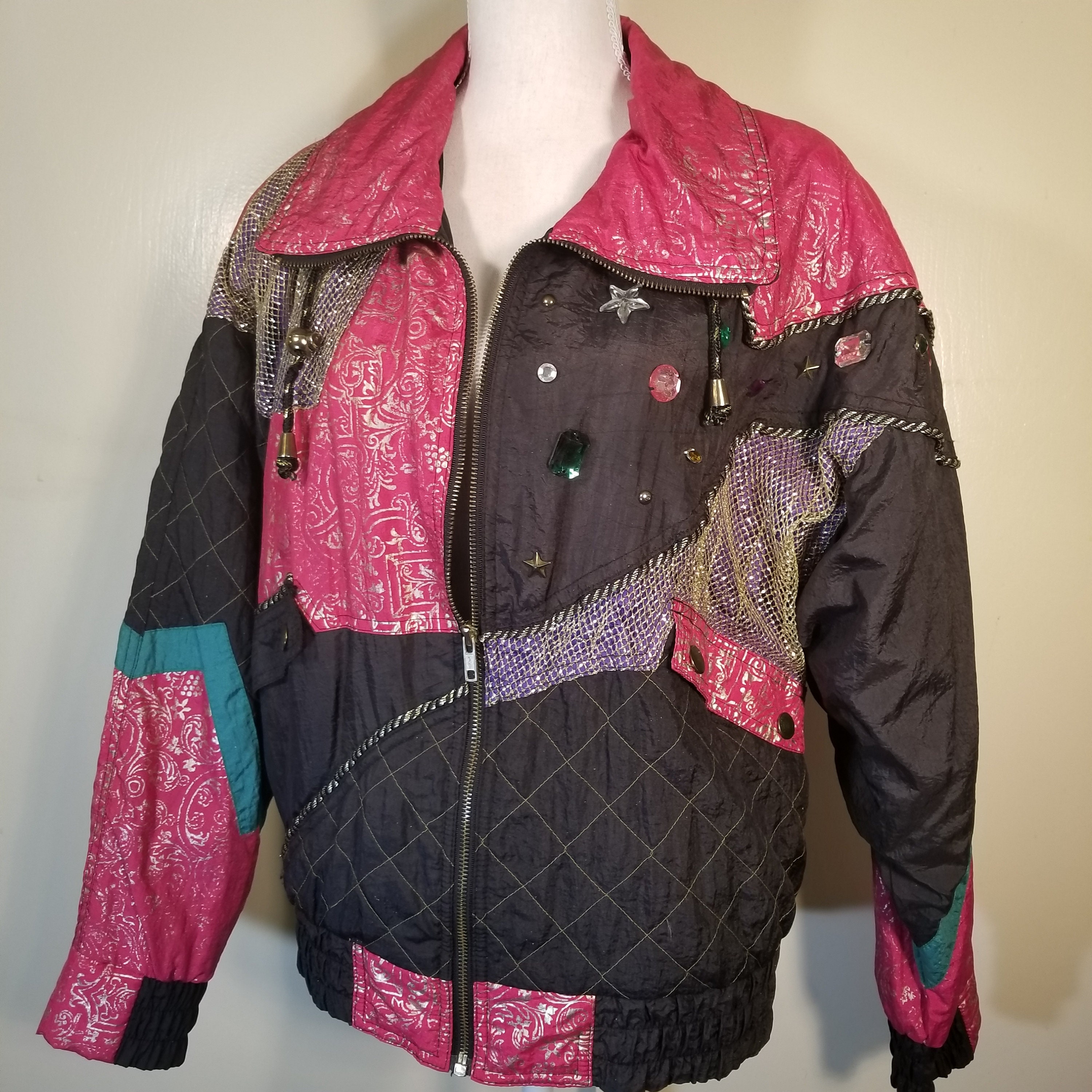 Vintage Abstract Jeweled Black Metallic Pink Bomber Jacket