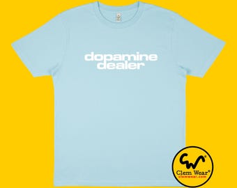 Dopamin Händler Tshirt T-shirt kurzärmelig unisex Herren Damen art Positivity Kleidung Clem Wear organic co2 neutral rosa blau weiß
