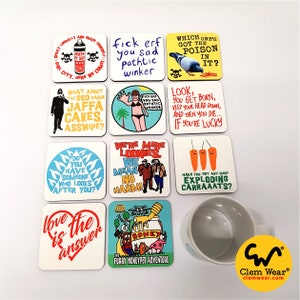 ANY 4 COASTERS by Clem Wear Bottom Rik Mayall colourful handmade funny comedy gift present work cup 95mm handmade UK retro