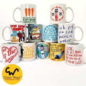 May include: A collection of 10 white ceramic mugs with colourful designs and text. The mugs feature various phrases and images, including "We're Mere Loonies", "Fick erf you sad pathtic winker", "Which one's got the poison in it?" and "Look, you get born, keep your head down, and then you die... if you're lucky".