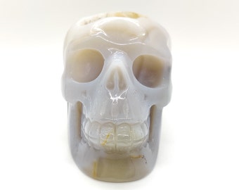 May include: A carved skull figurine in shades of white, gray, and tan. The skull has detailed features, including eye sockets, a nose cavity, and teeth. The polished surface reflects light, highlighting the natural variations in the stone.