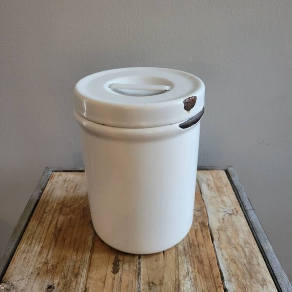 White Enamel Canister. Enamelware Can