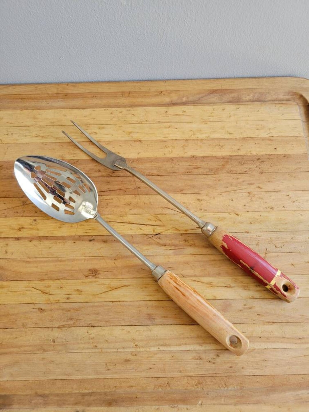 Vintage Red Wooden Handle Meat Fork and Slotted Spoon. Old Wooden
