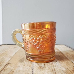 Vintage Marigold Carnival Glass Mug. Old Dugan Banded Grape Coffee Cup. Antique Iridescent Tea Cup.