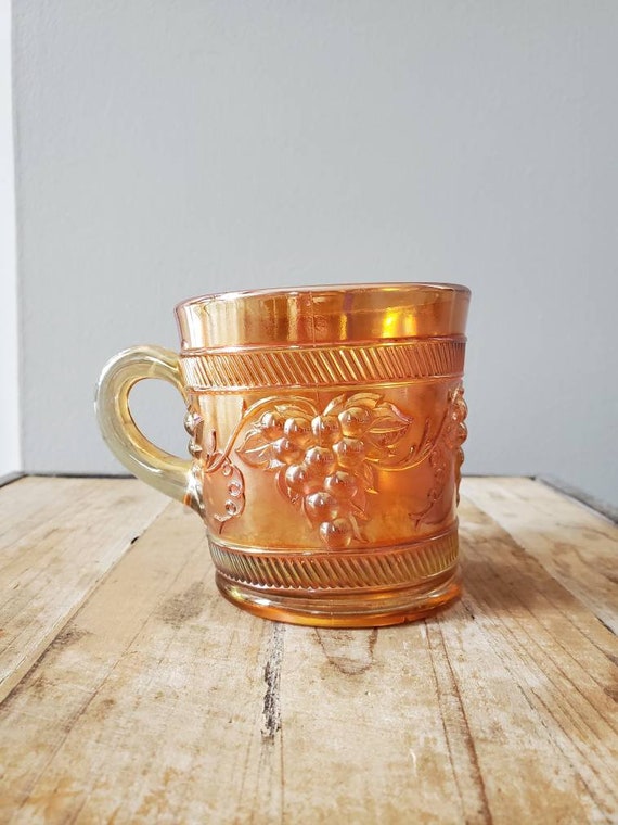 Vintage Marigold Carnival Glass Mug. Old Dugan Banded Grape Coffee Cup.  Antique Iridescent Tea Cup. 