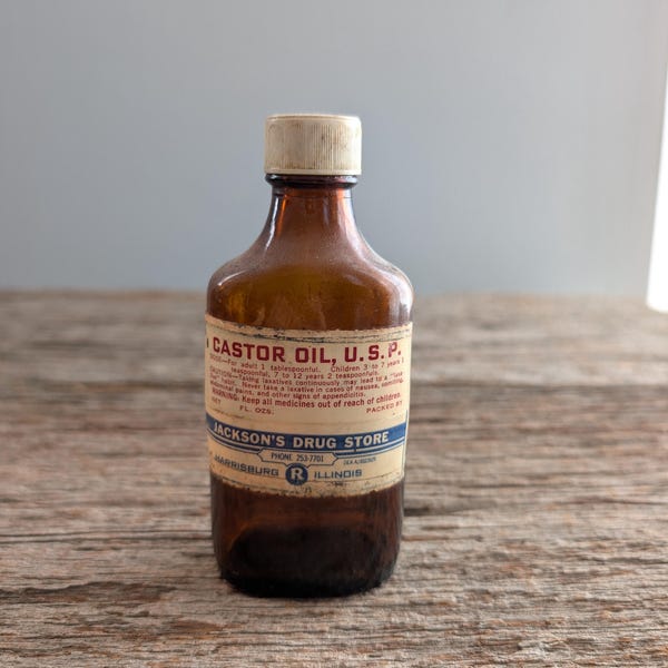Vintage Castor Oil USP Amber Glass Bottle. Old Vintage Amber Medicine Bottle.