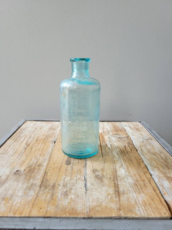 Vintage Blue Glass Lysol Bottle. Old Sea Blue Cork Bottle. Etsy