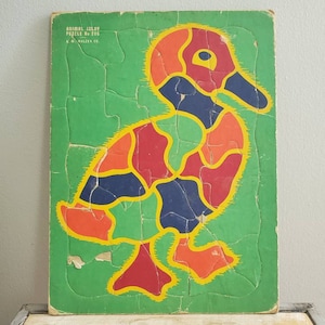 Vintage Children&#39;s Inlay Duck Puzzle. Old Animal Inlay Puzzle NO. 200 A.M. Walzer Company. Antique Duckling Cardboard Puzzle. Wall Hanging