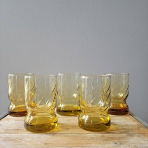 Vintage Set of 5 Small Amber Glasses. Old Gold Colored Juice Cups. Antique Shot Glasses