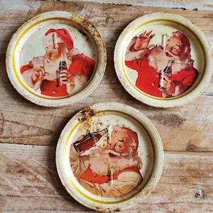 Vintage Coca Cola Santa Metal Coasters. Old Coca Cola Memorabilia. Antique Santa Claus Decor