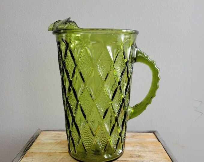 Vintage Green Glass Pitcher With Diamond Pattern. Old Emerald Etsy