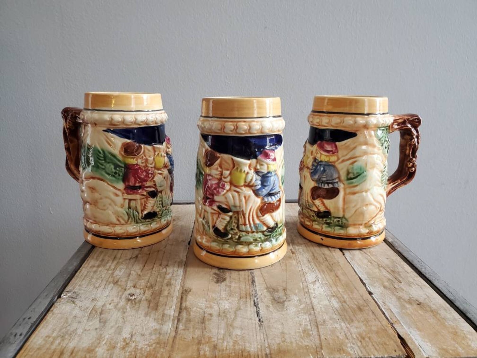 Vintage Set of 3 Made in Japan Beer Steins. Old Beer Mugs. Antique
