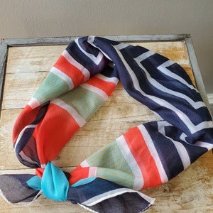 Vintage Red Navy and Blue Scarf, Head Scarf, Neck Scarf, Silky Scarf. Retro Colored Scarf.